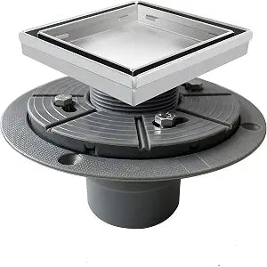 Square Shower Drain 4" w/ 2" PVC Flange Base, Brushed