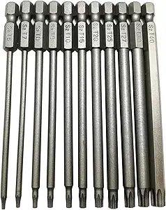 YDLQWCZ Long Torx Security Head Screwdriver Drill Set 1/4 Inch Hex Shank T6 T7 T8 T9 T10 T15 T20 T25 T27 T30 T40 11 Pieces 4 Inch Length S2 Steel Torx Screwdriver Bit Set (11pcs Torx Head 100mm)