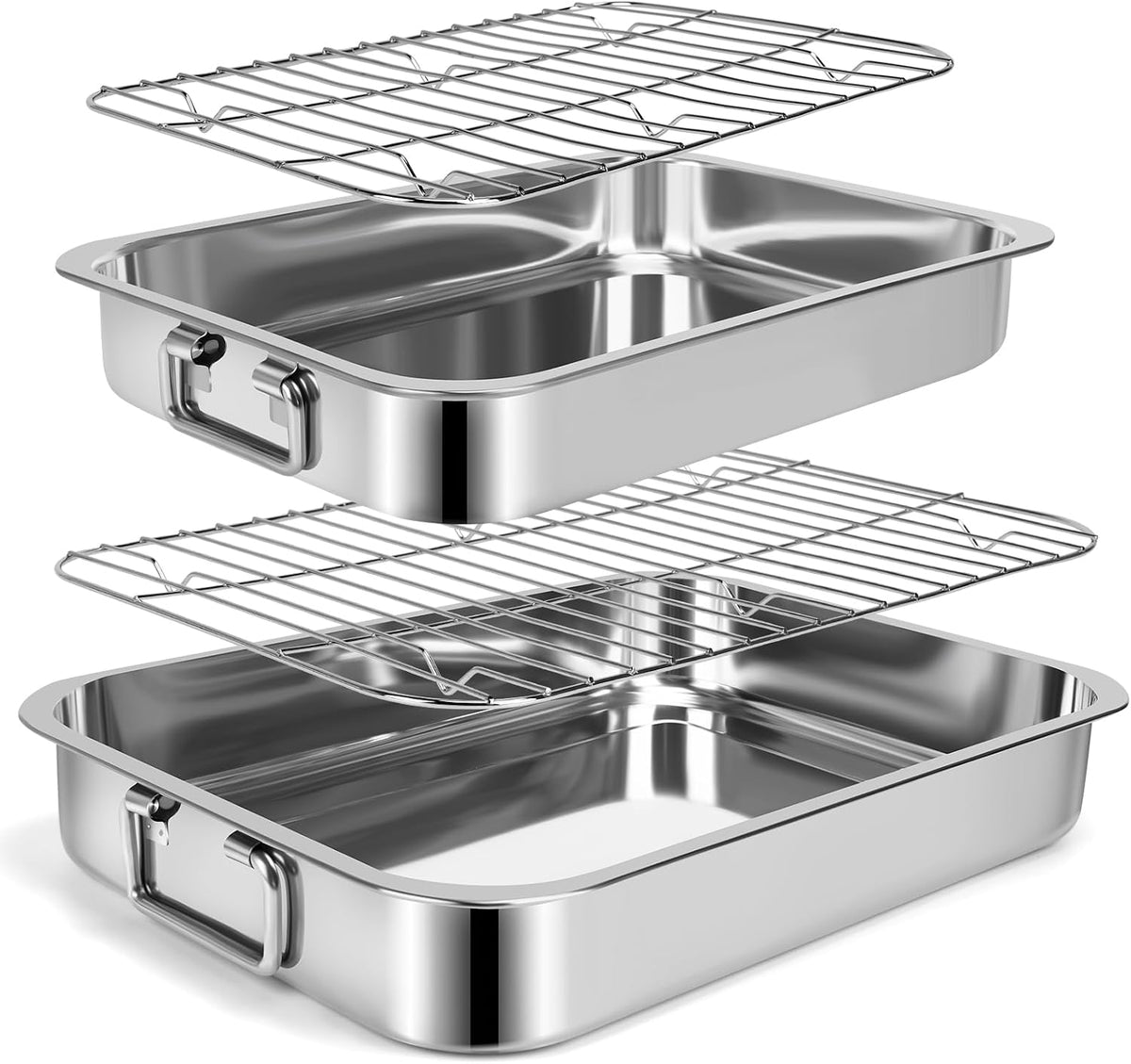 12.7"15.5" Stainless Steel Roasting Pans with Handles, Baking Pan for Oven with 2 Pcs Flat Racks, Heavy Duty, Dishwasher Safe Rectangular Lasagna Pan with Handles for Turkey Chicken, Silver