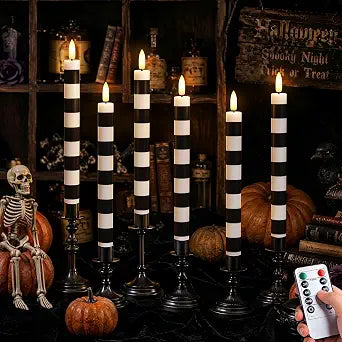 Halloween Decortions Indoor, Flameless Taper Candles, Black and White, 6Pc