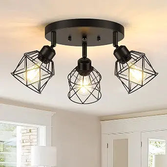 Baocuz 3-Light Kitchen Flush Mount Ceiling Light, Adjustable Multi-Directional Ceiling Light Fixture, Farmhouse Black Metal Cage Close to Ceiling Lamp for Dining Room Bedroom Hallway