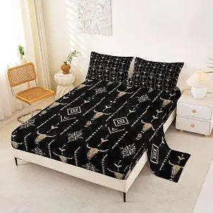 Erosebridal Bull Skull Bed Sheets Set Queen Western Sheet Set for Adults Men Women Bohemian Ethnic Cow Head Sheets Geometric Aesthetic Art Room Decor Tribal Horns Black Flat Fitted Sheet