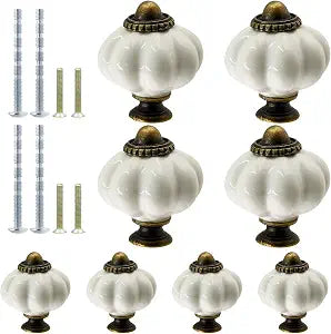 8pcs White Ceramic Pumpkin Knobs, Vintage Dresser Knobs