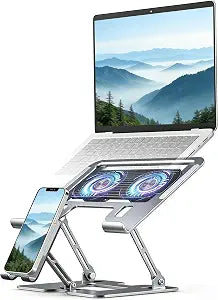 Laptop & Phone 2-in-1 Cooling Stand with Silent Fan, Adjustable Height & Angle, Carbon Steel Foldable Laptop Riser, Gaming Laptop Cooler Pad for Laptops Up to 18 Inch (Silver)