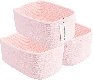 XUANGUO Small Woven Storage Baskets for Shelves, 12" x 8" x 5", Pink