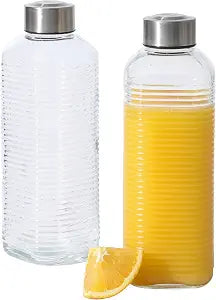 Gibson Home Aspen Heights 2 Pack 33 OZ (1 Liters) Large Embossed Reusable Glass Bottles w/Airtight Leakproof Stainless Steel Lid, Pitcher for Water, Milk, Juice - Dishwasher Safe