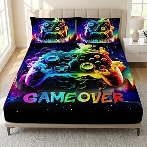 AILONEN Boys Gamer Gamepad Fitted Sheet Set Twin XL Size, Video Game Bedding Set for Kids Teens Boys Girls,Rainbow Fume Bed Sheet + 2 Pillowcases,3-Pieces