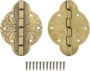HJ Garden 2PCS Antique Brass Small Hinges Furniture Cabinet Drawer Door Jewelry Box Gift Box Copper Embossing Hinge, 43x31mm