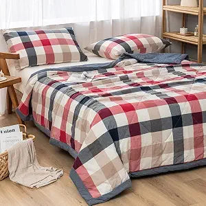 NTCOCO Summer Lightweight Comforter Set,Thin Quilt,100% Washed Cotton,Machine Washable,Soft Comfy Breathable Can Sleep Naked(Twin,Black and Red Grid