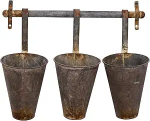 Creative Co-Op Antiqued Metal Wall Rack with 3 Hanging Cone Pots, Grey
