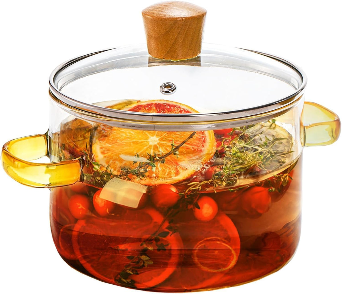 Frcctre 1.5L/50oz Glass Saucepan with Cover, Heat-Resistant Borosilicate Glass Simmer Pot for Stovetop Potpourri, Clear Cooking Pots with Lids and Handles for Pasta Noodle, Soup, Milk