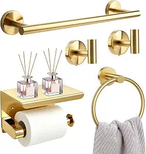 5 Pieces Brushed Gold Bathroom Hardware Set, Stainless Steel Round Tube Wall Mount Kit, Rotatable 24 Inch Towel Bar, Towel Ring, Toilet Paper Holder with Shelf & Robe Hooks for Bathroom Laundry