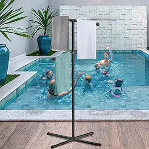 Pool Outdoor Towel Rack with 4 Bars, Metal Heavy Duty Pool Towel Holder with Wide Sturdy Base,Free Standing Rack for Pool & Hot Tub, Drying Towels, Swimsuits, Life Jackets and Goggles(57 inches)