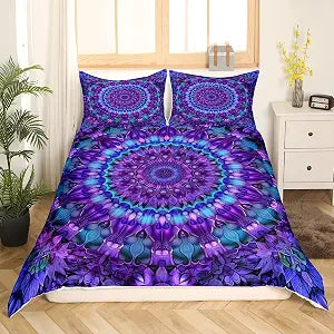 Erosebridal Bohemian Mandala Comforter Cover Queen Size for Kids Children Tie Dye Spiral Duvet Cover Hippie Hippy Boho Bedding Set Exotic Floral Bedspread Cover, Purple with Corner Ties D��cor