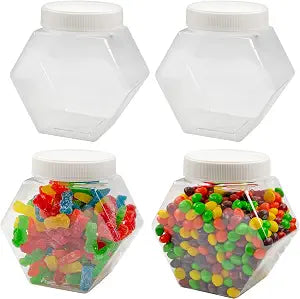 Cornucopia Brands Plastic Hexagon Shaped Jars (4-Pack, 30oz); Value Pack of Containers for Snacks, Gifts and Storage, 2 1/2 Cup Capacity, 5 x 5 x 3 Inches