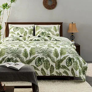 HORIMOTE HOME Tropical Plants Quilt Set Queen Size 3 Pieces, Green Palm Leaves Rainforest Style Fine Printed Reversible Bedspreads Bedding Sets, Soft and Lightweight Bed Coverlet for All Season