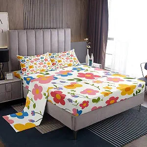 Manfei Cute Flowers Bed Sheet Set Queen Size Shabby Chic Floral Sheet Set Groovy Daisy Floral Sheets for Boys Girls Bedroom White Orange Pink Bedding Set with Flat Sheet Fitted Sheet Pillowcase 4Pcs