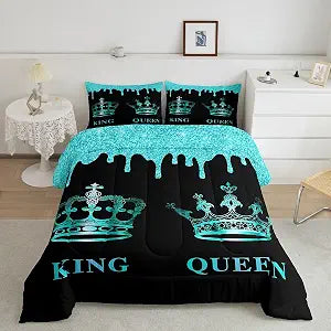 Feelyou Kids Crown King Queen Comforter King Size, Mr Mrs Bedding Set Anniversary Comforter Set for Couple Man Woman Romantic Duvet Set Couple Bed Set 3Pcs