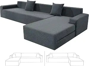 ZNSAYOTX Sectional Couch Covers, Stretch Jacquard Slipcovers with Elastic Bottom for L-Shape Sectional Sofa, 2 Pcs Pet Friendly Modular Sofa Protector (3 Seat Couch + 3 Seat Chaise, Dark Grey)