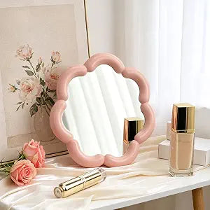 Flower Shaped Desk Mirror Cute Small Table Makeup Mirror Office Home Accessories for Standing Hanging 7.4'' D(Pink)