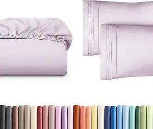 Twin XL Size Fitted Bed Sheet + 2 Pillowcases Bundle - Hotel Luxury Single Fitted Bottom Sheet Only - Fits Mattress w/ Deep Pockets Between 8 to 16 inches - Breathable & Wrinkle Free - Light Lavender