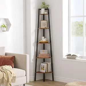 Hoctieon Corner Shelf, 5-Tier Corner Bookshelf, Rustic Ladder Shelf, Industrial Display Stand for Living Room, Kitchen, Home Office, Balcony, Small Space, Metal Frame, Rustic Brown