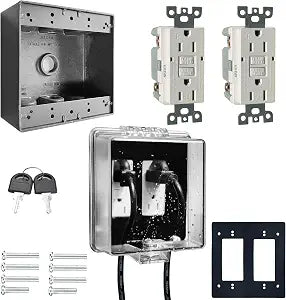 Universal Weatherproof Electrical Outlet Cover Kit with Lock,Outdoor Socket Cover Box with 2 pack 15 Amp TR Self Test GFCI Kit, Baby Proof Outlet Lock Box for Outdoor in-Use, 2-Gang