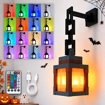 Pixelated Lantern Night Light, 16-Color RGB LED Wall Lamp with Remote