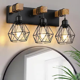VbiTmn Bathroom Light Fixtures,3 Light Black Farmhouse Wood Vanity Lights