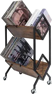 SwaaVee Vinyl Record Storage Holder with Wheels, 2-Tier Record Holder 160-200 LP with Dividers, Retro Style Quick Assembly Vinyl Record Display for Albums, Magazine, Book, Files(2 Tier- Rustic Brown)