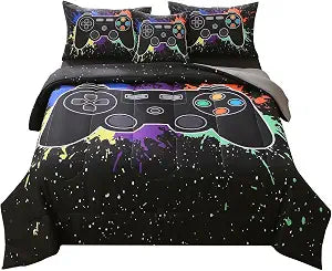 JQinHome Twin Gamer Comforter Sets for Boys&Girls ,6 Piece Bed in A Bag 3D Video Game Bedding -All Season Microfiber Gamer Bedding Sets for Kids, with Pillowcase, Flat & Fitted Sheet,Cushion Cover