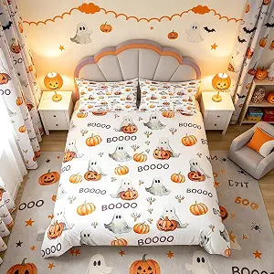 Manfei Halloween Kids Duvet Cover Set Full Size, Autumn Pumpkin Comforter Cover, Cartoon Halloween Ghost Bedding Set for Boys Girls Adults, Lightweight Bedspread Cover, 2 Pillowcases,No Comforter