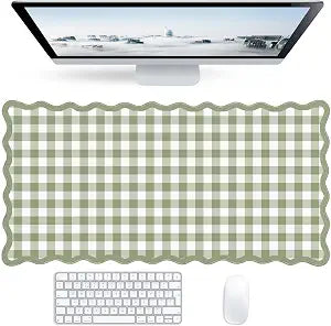 Scalloped Green Checkered Desk Mat,Cute Gingham Large Mouse Pad Non-Slip Rubber Base,Aesthetic Gaming Computer Desk Pad for Office Laptop Desk Mat Mouse Keyboard Mat, 31.5" x 15.7",XL
