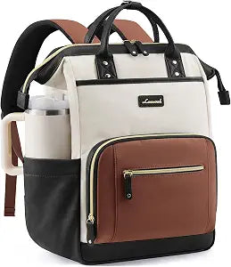 LOVEVOOK Laptop Backpack for Women with Giant Tumbler Holder,15.6 inch Professional Nurse Teacher Backpack Computer Laptop Bag,Cute Waterproof Travel Backpack Purse Work College Bag, Beige-Black-Brown