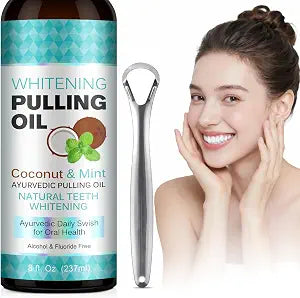 Peppermint Coconut Oil Pulling Mouthwash, Fast Acting & Visible Effect in Days, Deep Cleaning for Teeth & Gum, Fresh Breath, Alcohol-Free Natural Rinse Kit with Tongue Scraper for Adults & Kids