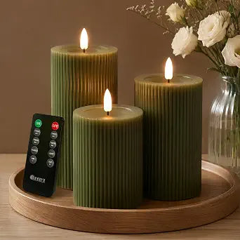 LEDHOLYT Rechargeable Ribbed Fluted Real Wax LED Flameless Candles with Remote and Timer, Flickering Fake Flame Candles for Festival Wedding Home Party Decor(Olive Green)