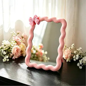 Wave Desk Makeup Mirror with Adhesive Bow,Office Mirror 6.7x5.3In(Pink)