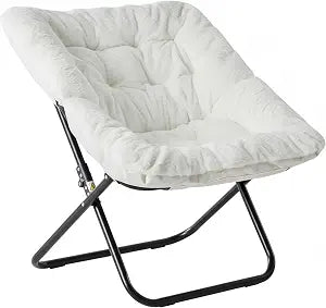 HealSmart Large Saucer Chair for Adults, Oversized Folding Faux-Fur Metal Lounge Chair, Foldable Comfortable Chairs, Plush Lounge Seating, Ideal for Living Room, Bedroom, Dorm Rooms, White
