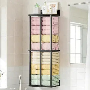 Towel Racks for Bathroom Wall Mounted with Shelf, Updated 3 Bar Bathroom Towel Holder Bath Storage Rack for Rolled Towel, Metal Small Bathrooms Towel Storage Rack, Black