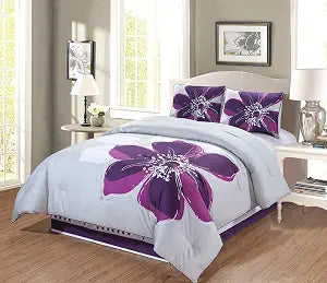 GrandLinen 4 - Piece Queen Size Grey, Purple, Dark Purple Hibiscus Floral Comforter Set. Designer Bedding
