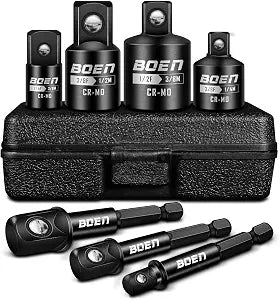 BOEN 7 Pieces Impact Socket Adapter and Reducer Set, 1/4" & 3/8" & 1/2" Drive Socket Adapter Set and 1/4" Drive SAE Hex Shank with Storage Case