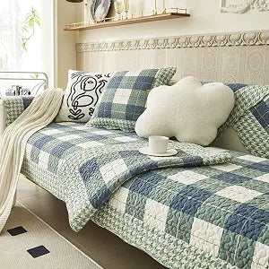 vctops Cotton Quilted Sofa Cover Farmhouse Green Plaid Sectional Couch Covers Non Slip Sofa Slipcover Furniture Protector for Dogs Pet Kids, 1 Piece/Not All Set (Type A,35"x82")