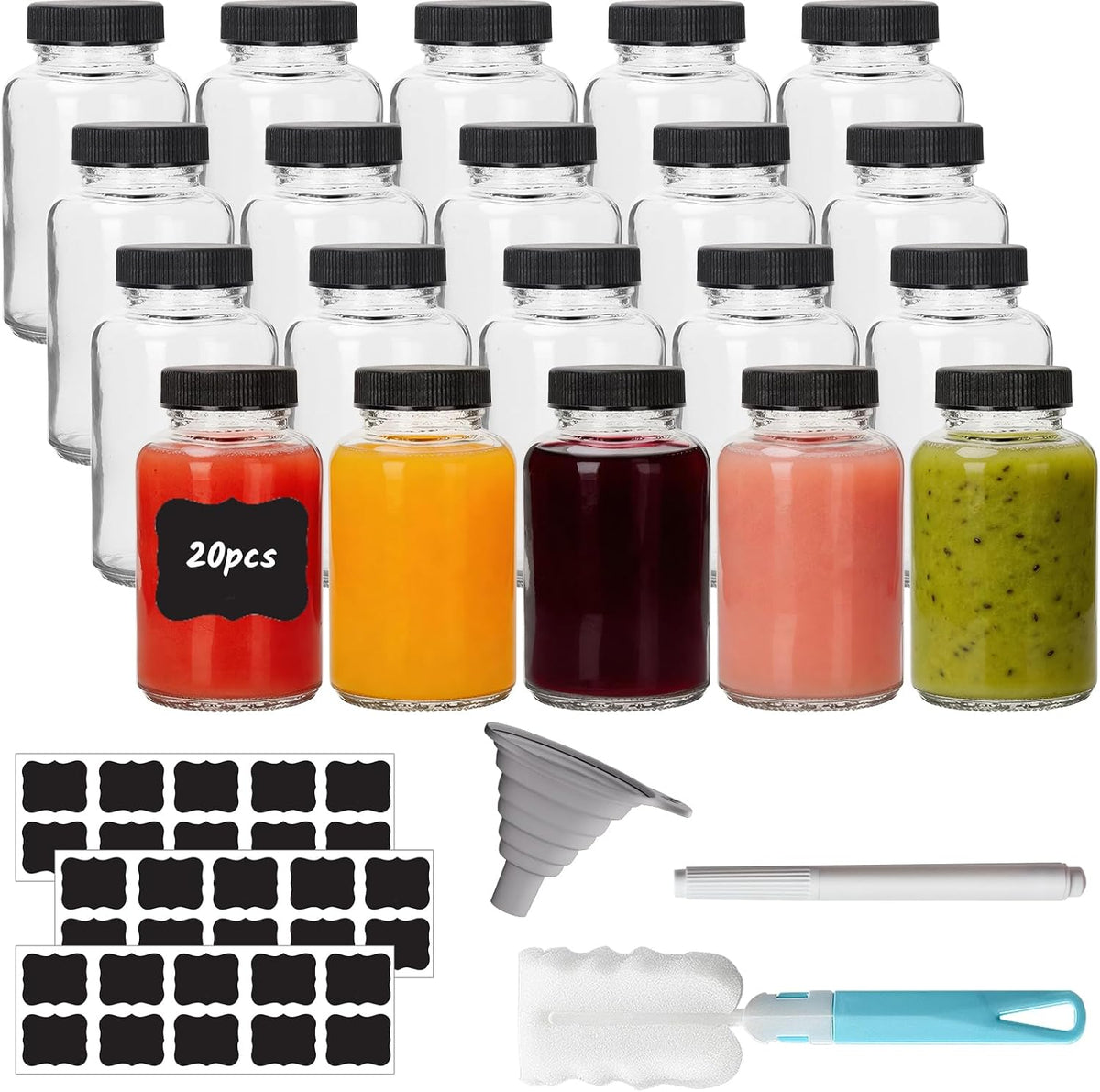 20 pcs 4 oz Mini Glass Juice Bottles with Caps for Juicing,Smoothies,Milk,