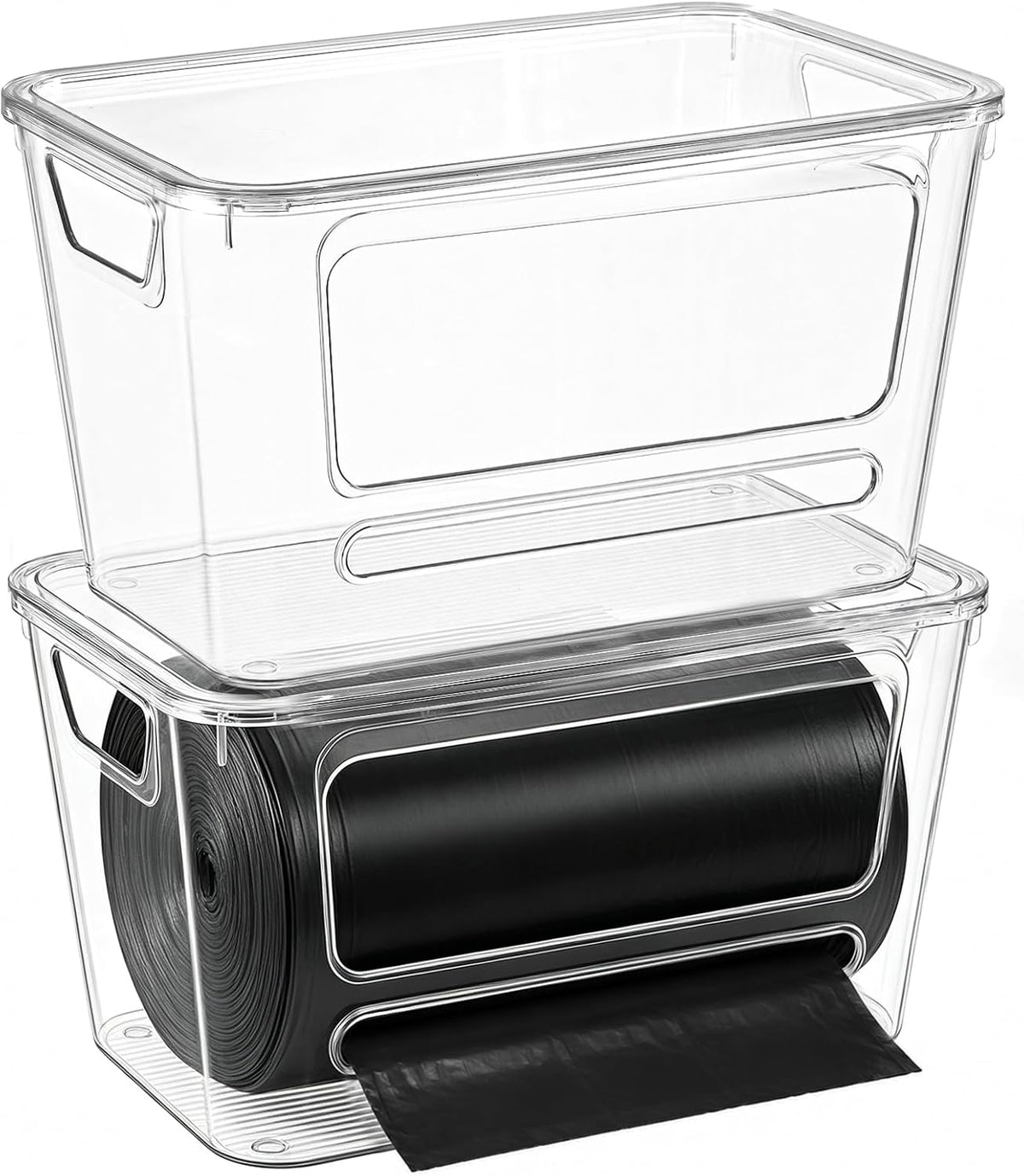 Trash Bag Dispenser, 2 Pack Extra Large Trash Bag Holder with Plastic Locking Lid, Stackable Garbage Bag Holder Dispenser for Kitchen, Trash Bag Organizer for Under Sink, Bathroom, Laundry Room