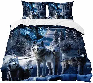 AILONEN Snow Wolf Bedding Full Duvet Cover Set, 3D Night Galaxy Starry Wild Animal Print Comforter Cover, 3 Piece Set with 2 Pillowcases for Bedroom Guest Room Home Decor