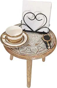VANIYA CRAFTS Wooden Engraved Fold-able Side Table/End Table/Plant Stand/Stool for Living Room Bedroom Restaurant Kids Play Furniture Table Round Shape (Natural White 1)