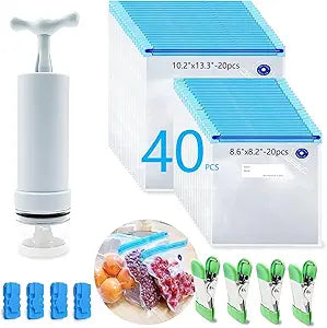 MOMODA Sous Vide Cooking Bags - Set of 40 | BPA-Free Reusable Vacuum Seal Bags with Air Valve for Joule and Anova Cookers | Freezer Safe Vacuum Food Storage Bags with Upgraded Hand Pump Included