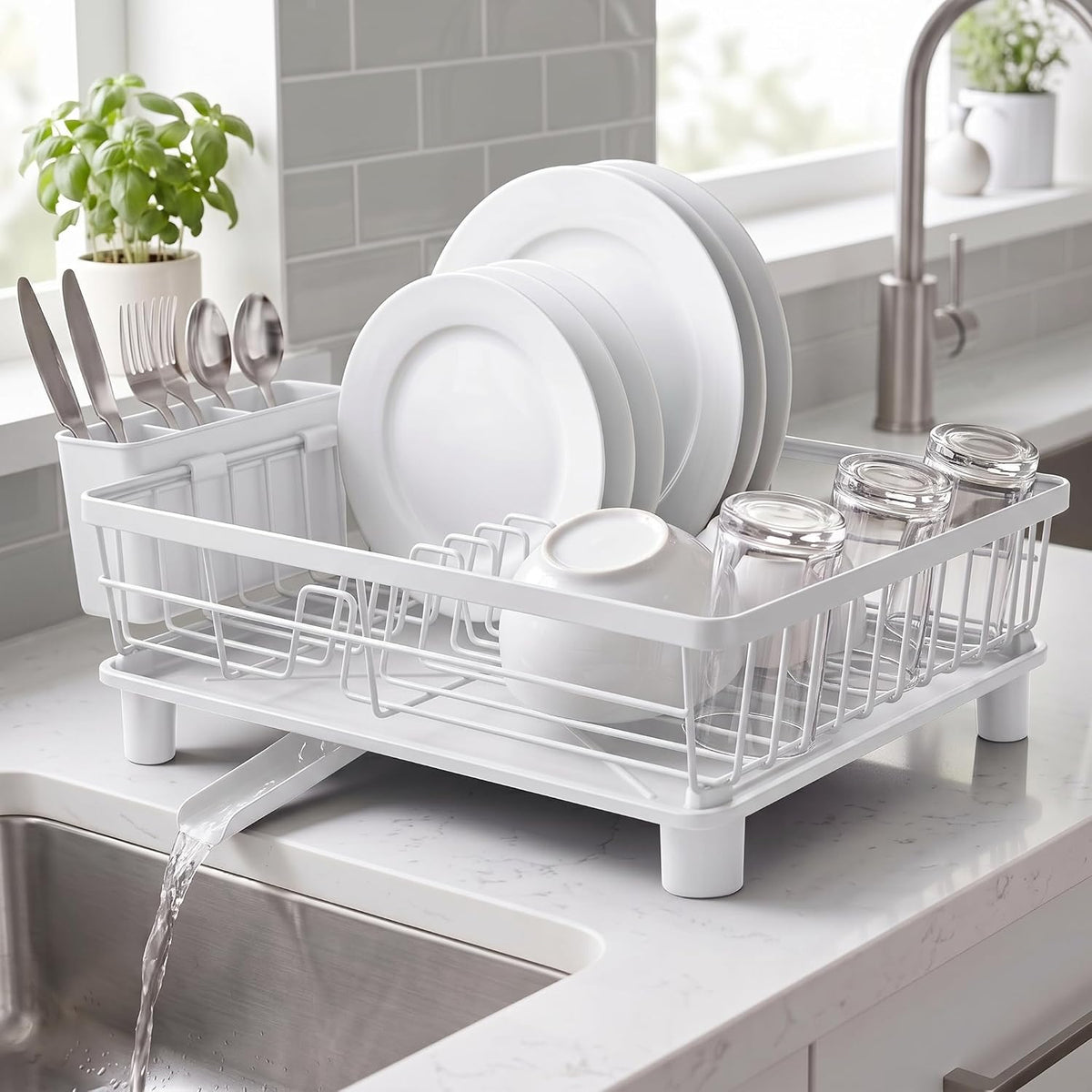 HiramWare Dish Drying Rack for Kitchen Counter, Dish Drainer, White