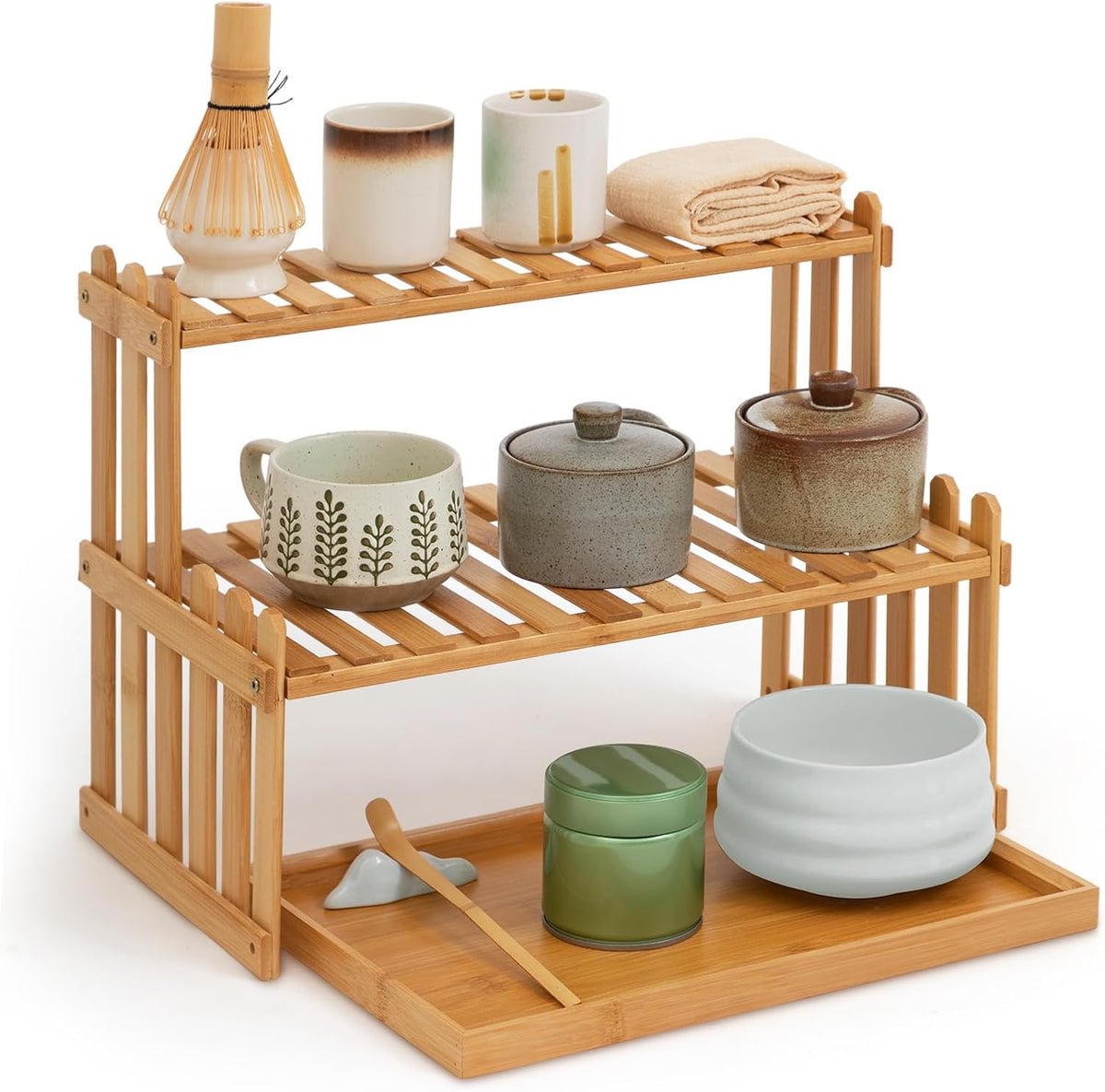 Kathfly 14.6" 2-Tier Matcha Station Shelf Stand & Bamboo Tray, Bamboo Color