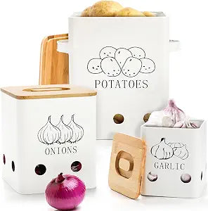 WUWEOT 3 Pack Vegetable Storage Tins, Metal Onion Garlic Potato Jars Set, Kitchen Canisters Vegetable Keeper Containers with Aerating Holes and Wooden Lid